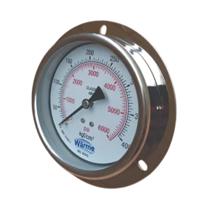 Manômetro analógico Série: 1.WW.1000E - Saída traseira com flange dianteira.